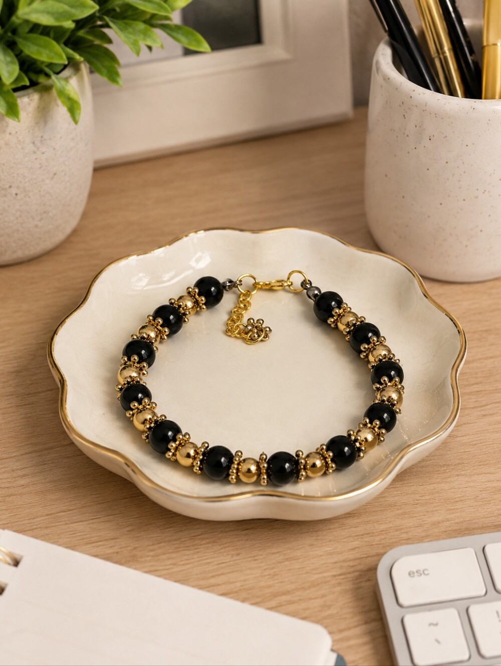 Handcrafted One Of A Kind Glass And Metal Bead Bracelet